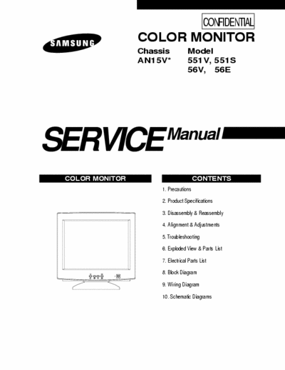 Samsung SyncMaster 551V Service Manual, Color monitor samsung model 551V chassis an15v